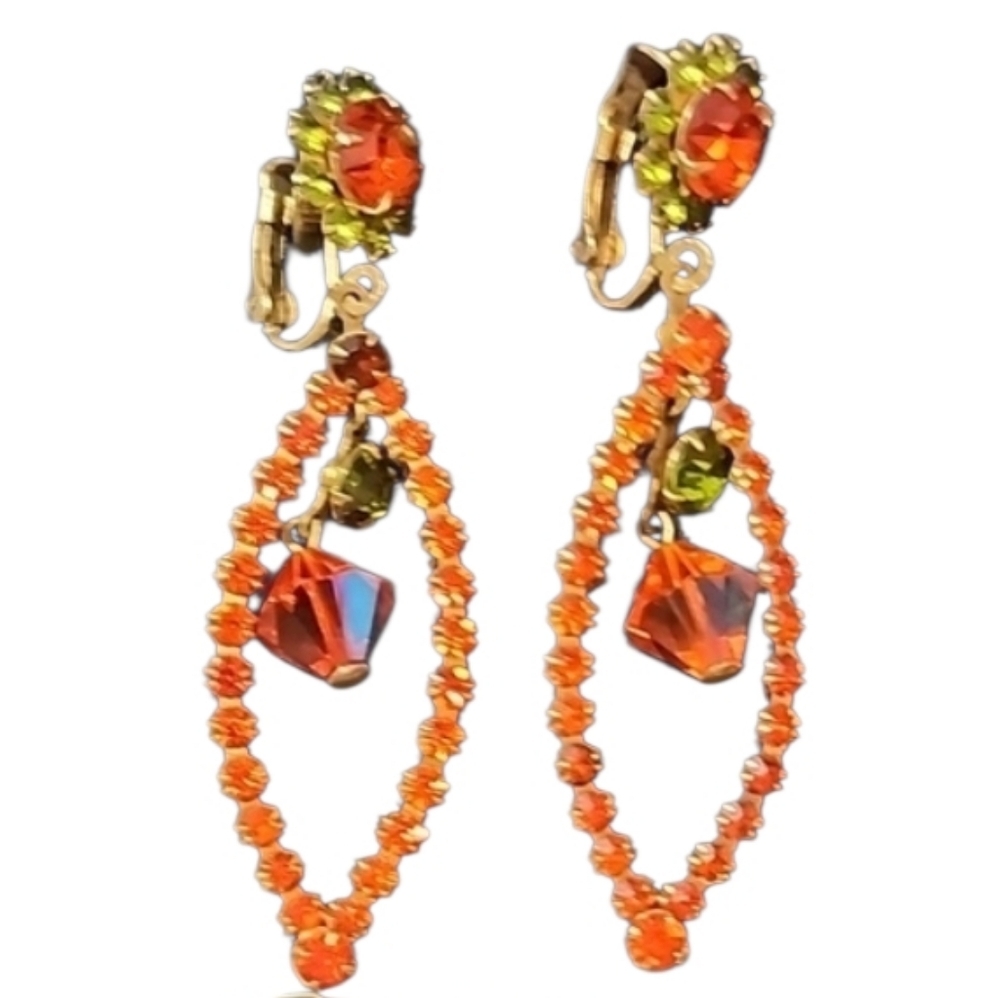 Vintage Chandelier Clip On Earrings Orange Green Rhinestone Gold Tone - Picture 1 of 4